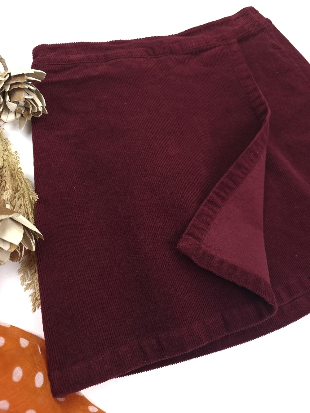 New Copper Key Corduroy Mini Wrap Skirt in Deep Wine Size L